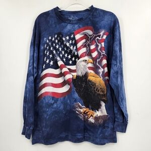 The Mountain Bald Eagle American Flag Long Sleeve T-shirt Mens Size Medium Blue